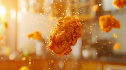 crispy and Fried chicken piece flying on kitchen room background