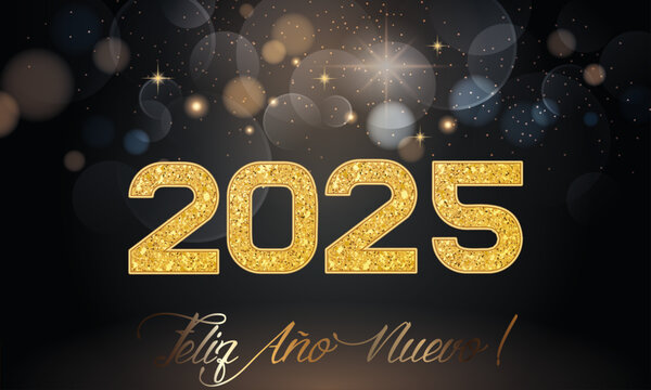 tarjeta o pancarta para desear un feliz año nuevo 2025 en oro sobre fondo negro con círculos efecto bokeh y estrellas de varios colores