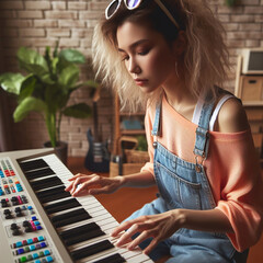 Fototapeta premium Retro Revival: 80s Style Woman Engrossed in Melody on Electronic Keyboard in Vintage Room Setting, play the piano