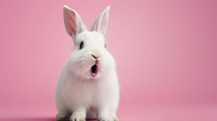 A cute white rabbit with a surprised face and open mouth on a pink background. Easter symbol, space for text