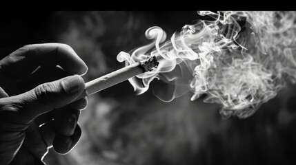 Image of cigarette in man hand with smoke.