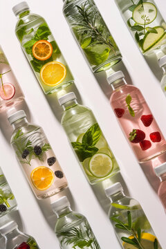 A collection of water bottles with natural fruit infusions, showcasing different flavors, isolated on a white background to represent hydration and health