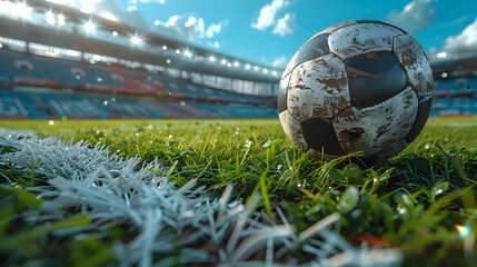 Photo of soccer ball lying on the grass of stadium. Close photo