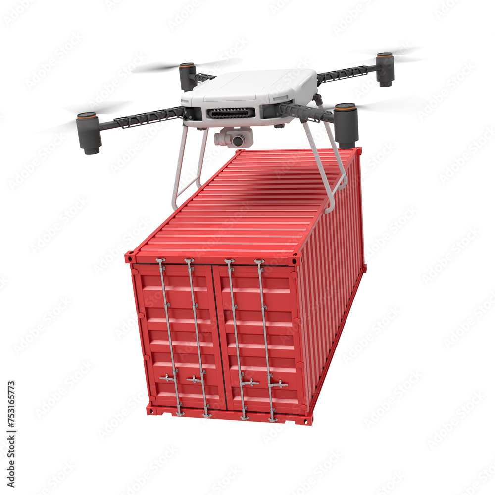 Poster 3d rendering of drone lifting red shipping container isolated on white background
