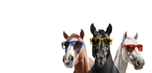 Three cool horses with sunglasses isolated on white with copy space. 