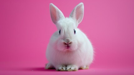 Obraz premium A cute white rabbit with a surprised face and open mouth on a pink background. Easter symbol, space for text