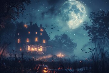 Halloween haunted house with bats, and pumpkins under scary full moon background