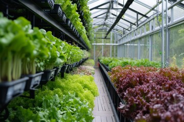 Close up shelves with salad, greens and young microgreens in pots under LED lamps on hydroponic vertical farms. Concept of agriculture business of future 