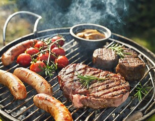 Grill mit Steaks und W&uuml;rstchen in gr&uuml;nen Park 