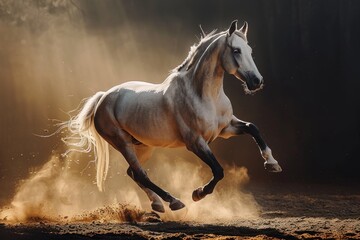 Obraz na płótnie Canvas A white horse is energetically galloping through a dusty dirt field. Its mane and tail are flowing behind as it kicks up clouds of dirt with each powerful stride