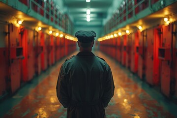 A vigilant prison guard stands in a brightly lit, empty prison block, symbolizing control and surveillance