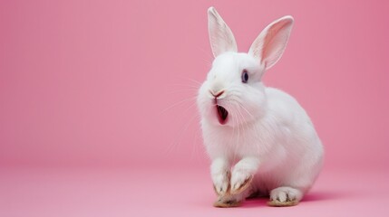 Obraz premium A cute white rabbit with a surprised face and open mouth on a pink background. Easter symbol, space for text