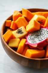 A bowl of exotic fruits like dragon fruit and papaya, isolated on a white background, to explore new, healthy flavors