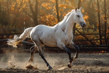 Obraz na płótnie Canvas A white horse is seen galloping energetically through a dirt field, kicking up dust with each powerful stride. The horses mane and tail flow behind it as it moves swiftly across the rough terrain