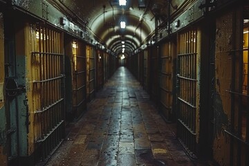 An atmospheric shot of a long, dimly lit corridor with prison cells on both sides, invoking a sense of isolation and confinement