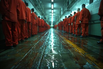 A dramatic scene of orange-clad inmates in formation down a gleaming prison hallway
