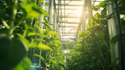 Close up shelves with salad, greens and young microgreens in pots under LED lamps on hydroponic vertical farms. Concept of agriculture business of future 