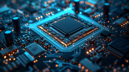 Close-up of the CPU on the motherboard. Technology development concept - obrazy, fototapety, plakaty