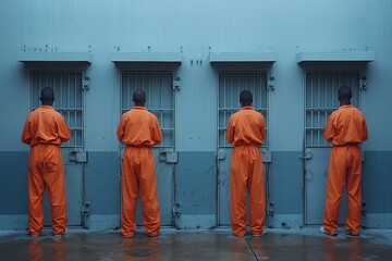 Four inmates in orange jumpsuits facing the wall of their cells in a correctional facility, evoking concepts of freedom deprivation and law enforcement