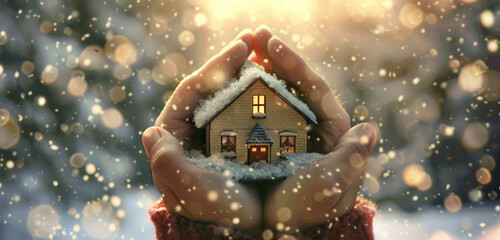 Hands cradling a miniature house against a snowy backdrop, symbolizing shelter and warmth amidst the cold - obrazy, fototapety, plakaty