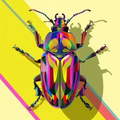 A vibrant beetle with colorful markings is perched on top of a bright yellow and pink background.
