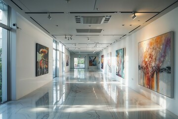 Sleek Modern Art Gallery Interior with Reflective Marble Floors