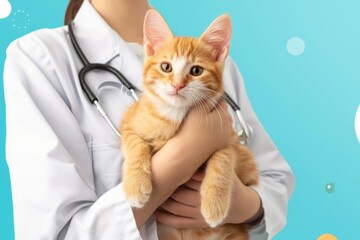 Close-up portrait of cute cat in the hands of a veterinarian. Concept of animal treatment, pet care, banner with copyspace