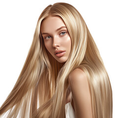 Naklejka premium Portrait of model girl with long straight shiny blonde smooth healthy hair, skin natural beauty smooth skin for care and hair products, full view, 32k uhd, isolated on white