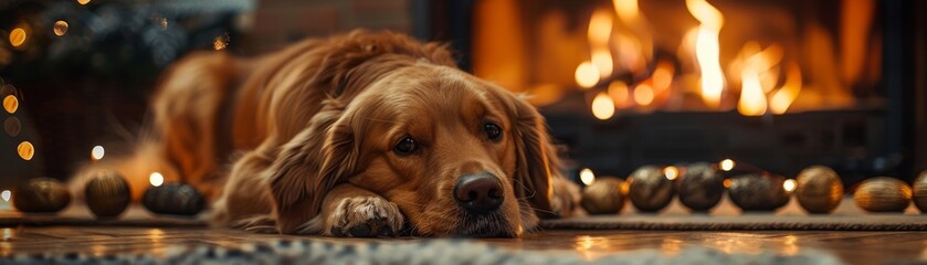 A cozy night by the fireplace with a loyal companion