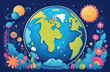 Planet Earth illustration, cartoon, water planet earth, living planet. Save the Planet Concept. Happy Earth Day.