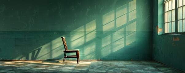 An empty room with a single chair pushed against the wall - obrazy, fototapety, plakaty
