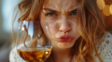 drunk and sad blond woman holding glass of red wine with a dissatisfied grimace on his face. Not tasty wine - obrazy, fototapety, plakaty