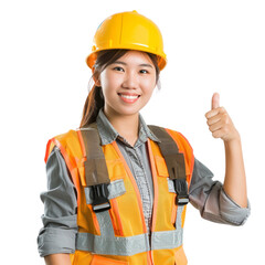 Portrait of asian female construction worker, giving a thumbs up and smiling happily, waist up photo, isolated on white