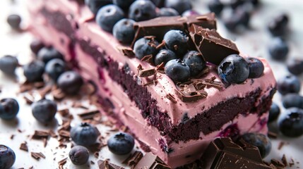 Blueberry chocolate cake slice with fresh berries and chocolate shavings.
