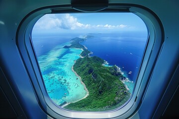 Through the window of the airplane, a breathtaking view of a lush tropical island can be seen below. Clusters of palm trees, sandy beaches, and turquoise waters stretch out as the plane flies above