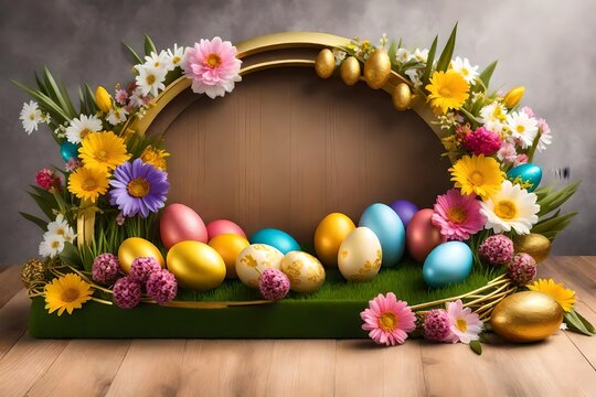 easter wreath with eggs and flowers, Step into the joyous spirit of Easter with a captivating image featuring a 3D Easter podium background adorned with colorful eggs, spring flowers, and golden accen