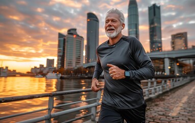  A fit senior man with a smartwatch and earbuds, jogging run along a city riverbank, the skyline reflecting in the water at dawn