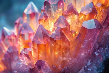 Close-up of a cluster of radiant crystals with vibrant orange and blue hues, highlighting natural...
