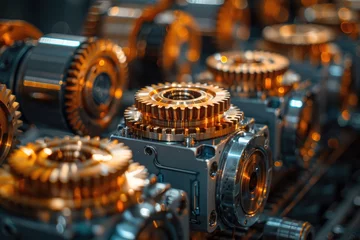 Fotobehang Macro shot of precision-engineered gears in machinery, showcasing intricate details and metallic textures. © Vilaysack
