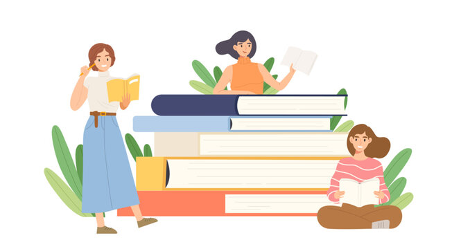 Young women are reading with big books isolated on white background. Concept of education, studying, learning, knowledge, library, school, book club, hobby, free time. Flat vector illustration.