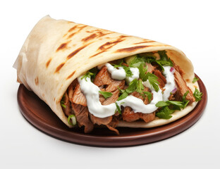 Delicious gyro wrap with grilled meat, fresh herbs, and creamy sauce on a ceramic plate.