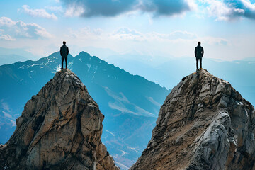 Two persons standing on different high peaks showing the divergence of success achievement - obrazy, fototapety, plakaty