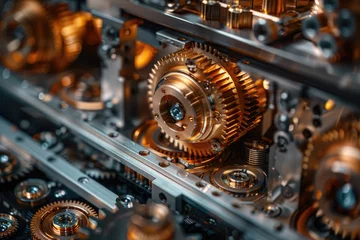 Fotobehang Macro shot of precision-engineered gears in machinery, showcasing intricate details and metallic textures. © Vilaysack