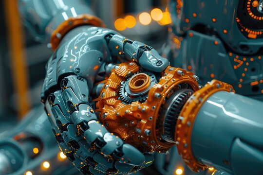 A close-up image of a robotic arm assembling orange gears, demonstrating advanced automation in manufacturing