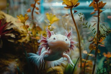 Axolotl in an aquarium with underwater plants