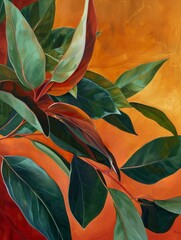 A painting depicting a branch with vibrant green leaves against a neutral background.