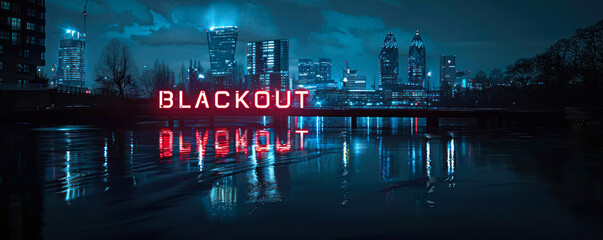 Menacing cityscape during a blackout with BLACKOUT text illuminating over a darkened skyline reflecting on water, hinting at urban vulnerabilities