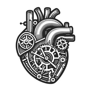 heart with intricate steampunk gears and mechanical components. Sketch engraving generative ai vector illustration. Scratch board imitation. Black and white image.