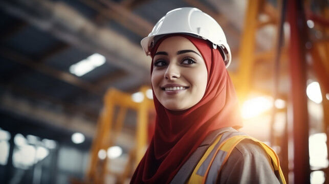 Close up portrait of beautiful female engineer wearing a protective helmet and looking at camera.
