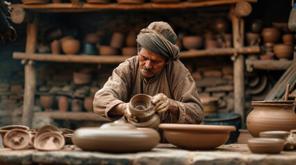 An experienced potter meticulously shapes wet clay on a spinning wheel in a rustic pottery workshop surrounded by his creations. Resplendent.